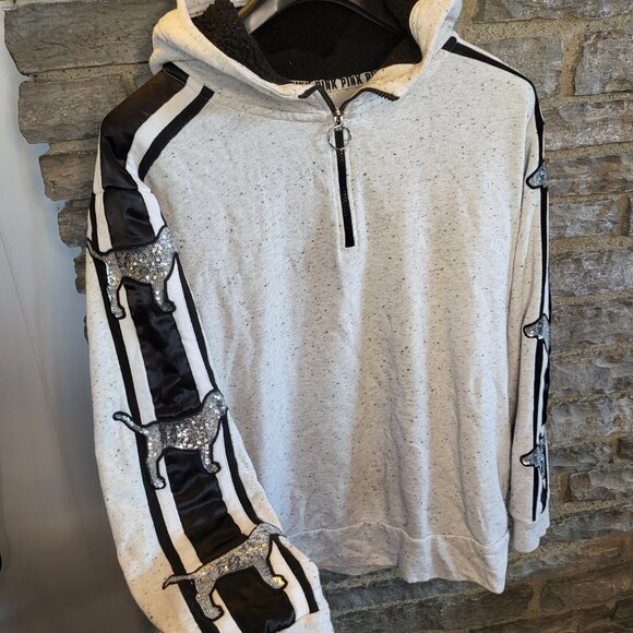 Victoria Secret Pink Bling Sequin Logo Dog Hooded Pullover 1/4 Zip Gray Black LG - Picture 3 of 12